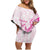 Personalised Breast Cancer Awareness Family Matching Off Shoulder Short Dress and Hawaiian Shirt Ribbon Polynesian Pattern White Version