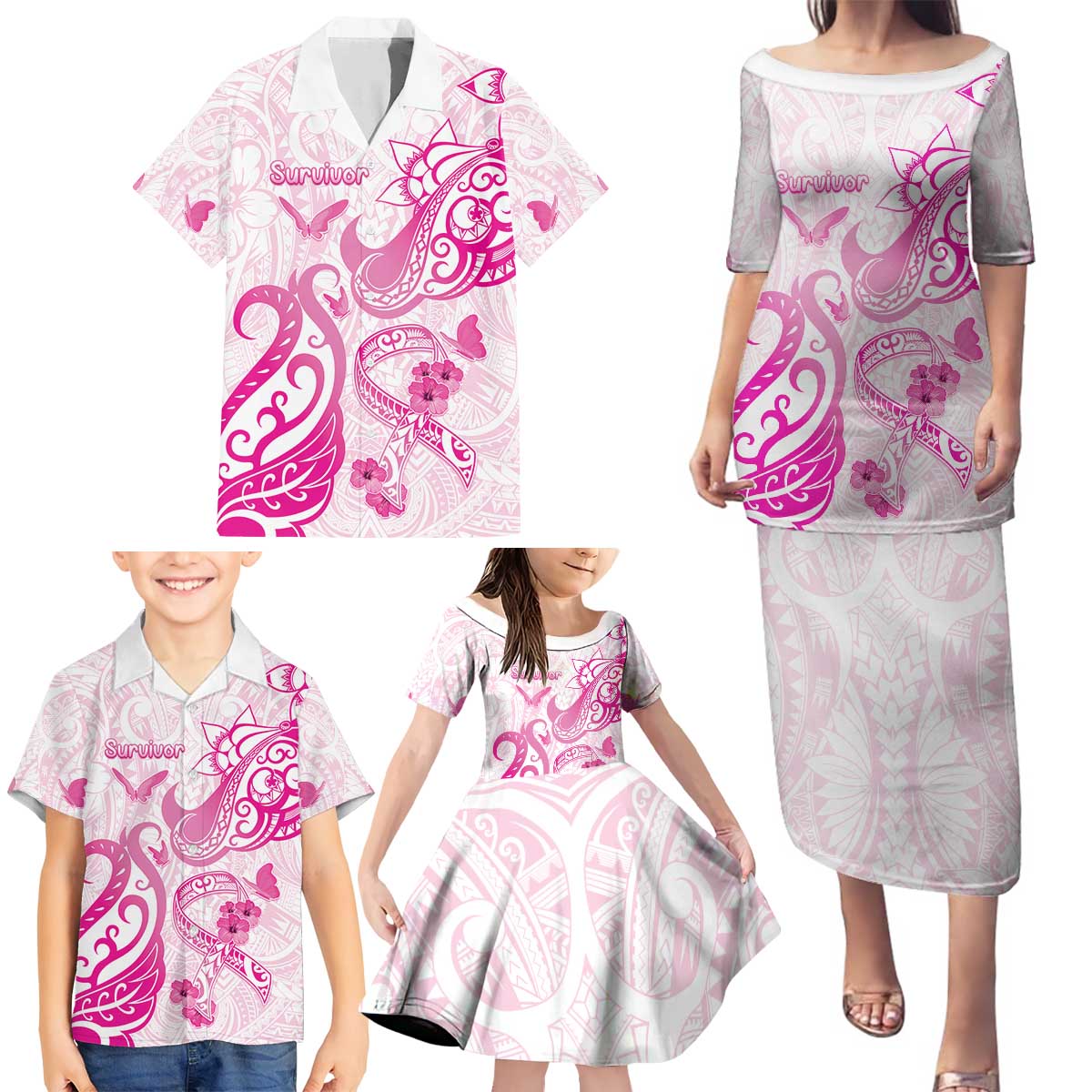 Personalised Breast Cancer Awareness Family Matching Puletasi and Hawaiian Shirt Ribbon Polynesian Pattern White Version