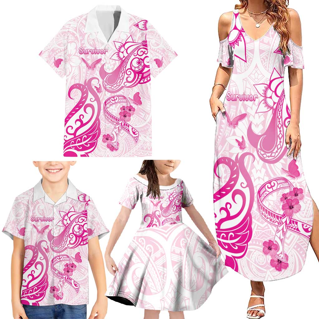 Personalised Breast Cancer Awareness Family Matching Summer Maxi Dress and Hawaiian Shirt Ribbon Polynesian Pattern White Version