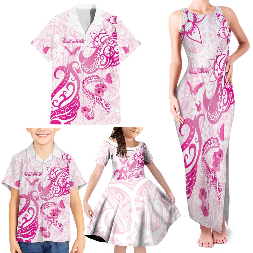 Personalised Breast Cancer Awareness Family Matching Tank Maxi Dress and Hawaiian Shirt Ribbon Polynesian Pattern White Version