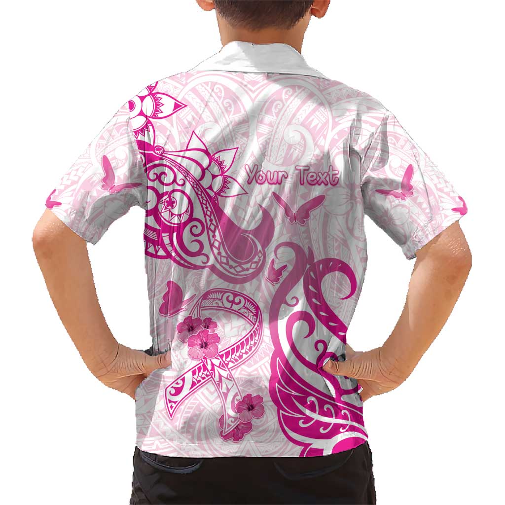 Personalised Breast Cancer Awareness Kid Hawaiian Shirt Ribbon Polynesian Pattern White Version LT05 - Polynesian Pride