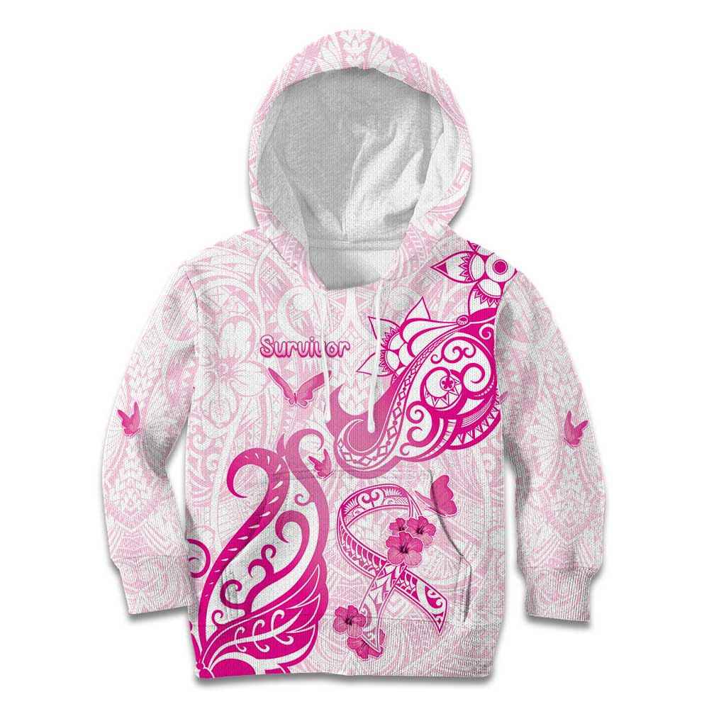 Personalised Breast Cancer Awareness Kid Hoodie Ribbon Polynesian Pattern White Version