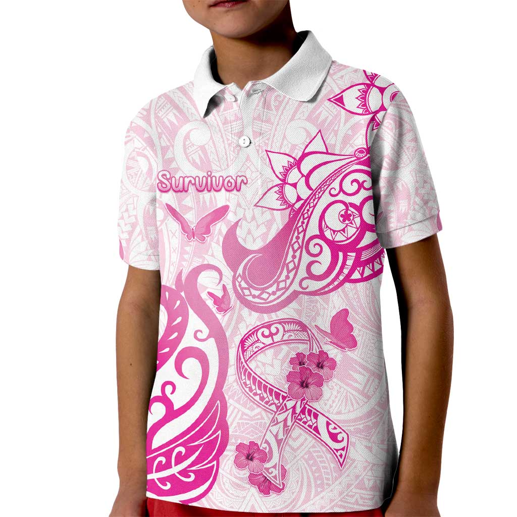 Personalised Breast Cancer Awareness Kid Polo Shirt Ribbon Polynesian Pattern White Version