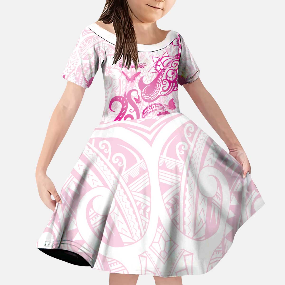 Personalised Breast Cancer Awareness Kid Short Sleeve Dress Ribbon Polynesian Pattern White Version