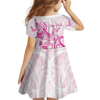 Personalised Breast Cancer Awareness Kid Short Sleeve Dress Ribbon Polynesian Pattern White Version LT05 - Polynesian Pride