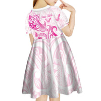 Personalised Breast Cancer Awareness Kid Short Sleeve Dress Ribbon Polynesian Pattern White Version LT05 - Polynesian Pride