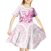 Personalised Breast Cancer Awareness Kid Short Sleeve Dress Ribbon Polynesian Pattern White Version LT05 - Polynesian Pride