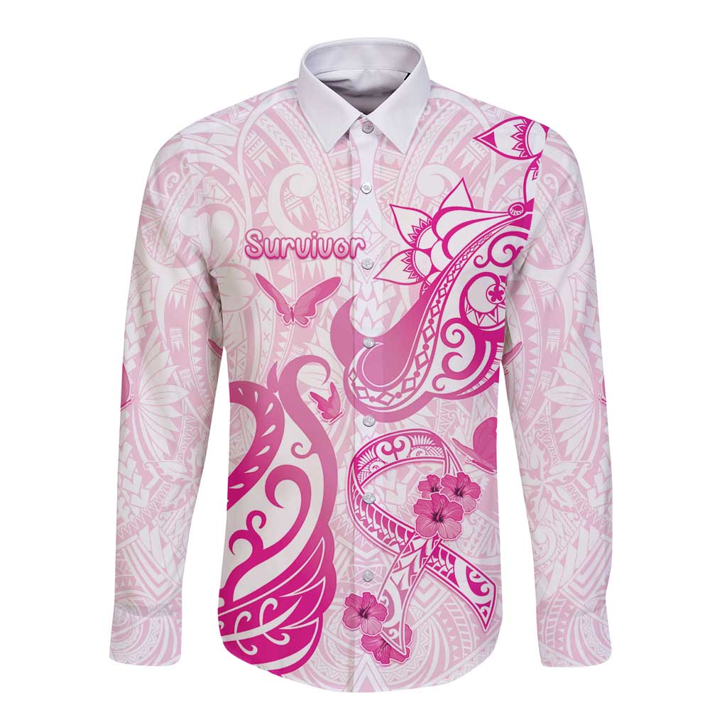 Personalised Breast Cancer Awareness Long Sleeve Button Shirt Ribbon Polynesian Pattern White Version LT05 Unisex White - Polynesian Pride