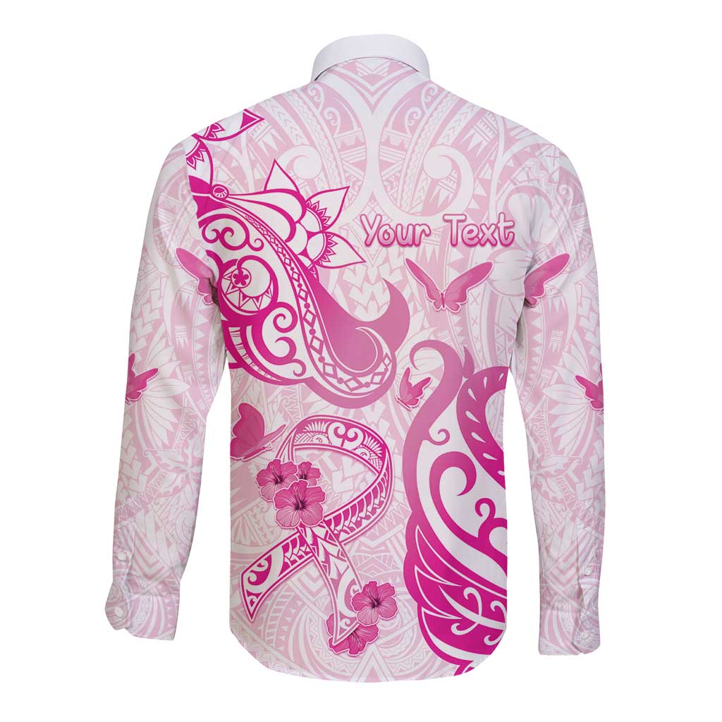 Personalised Breast Cancer Awareness Long Sleeve Button Shirt Ribbon Polynesian Pattern White Version LT05 - Polynesian Pride