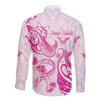 Personalised Breast Cancer Awareness Long Sleeve Button Shirt Ribbon Polynesian Pattern White Version LT05 - Polynesian Pride