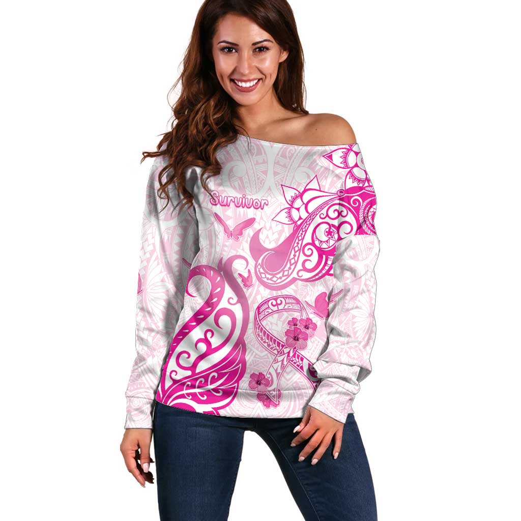 Personalised Breast Cancer Awareness Off Shoulder Sweater Ribbon Polynesian Pattern White Version