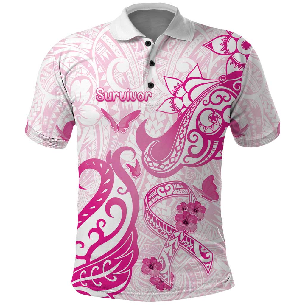 Personalised Breast Cancer Awareness Polo Shirt Ribbon Polynesian Pattern White Version LT05 White - Polynesian Pride
