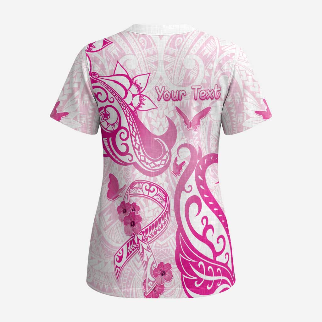 Personalised Breast Cancer Awareness Scrub Top Ribbon Polynesian Pattern White Version LT05 - Polynesian Pride