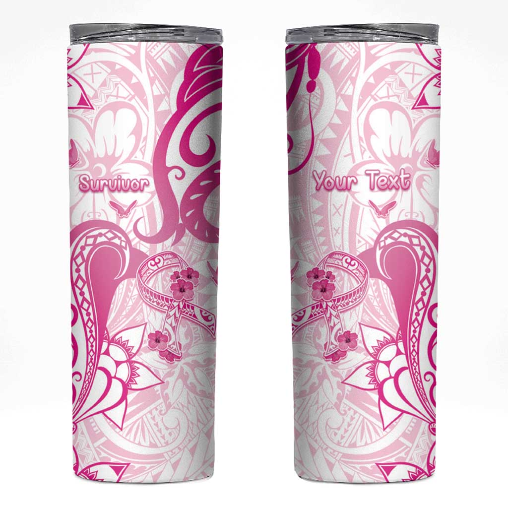 Personalised Breast Cancer Awareness Skinny Tumbler Ribbon Polynesian Pattern White Version