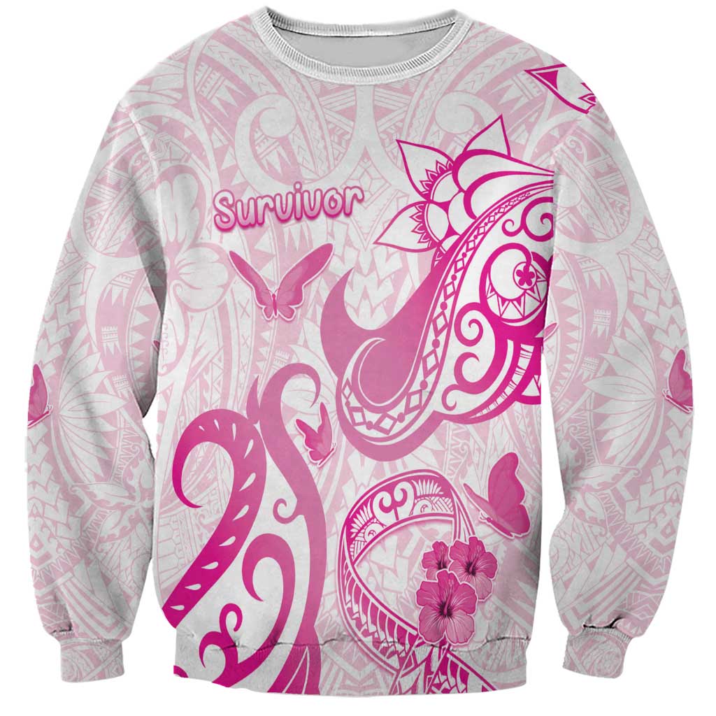 Personalised Breast Cancer Awareness Sweatshirt Ribbon Polynesian Pattern White Version