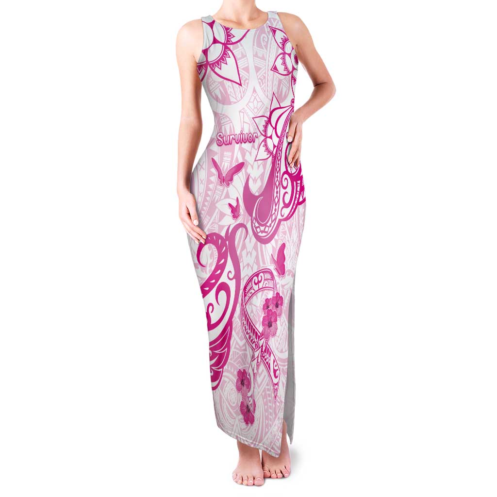 Personalised Breast Cancer Awareness Tank Maxi Dress Ribbon Polynesian Pattern White Version