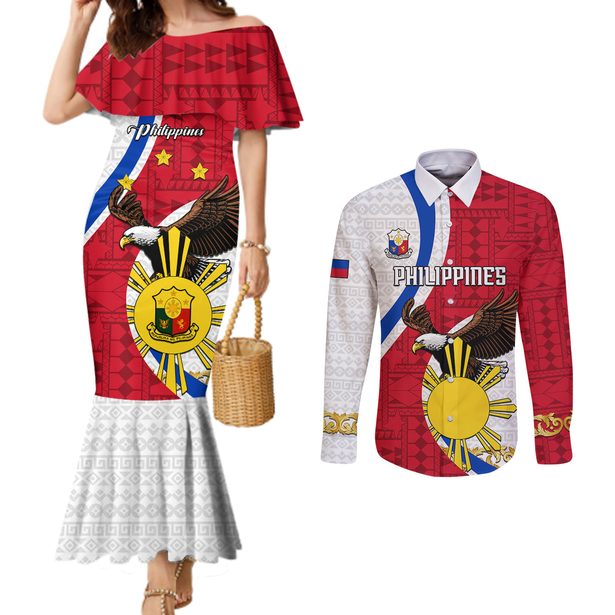 personalized-philippines-couples-matching-mermaid-dress-and-long-sleeve-button-shirts-the-eight-rayed-sun-bald-eagle-polynesian-pattern