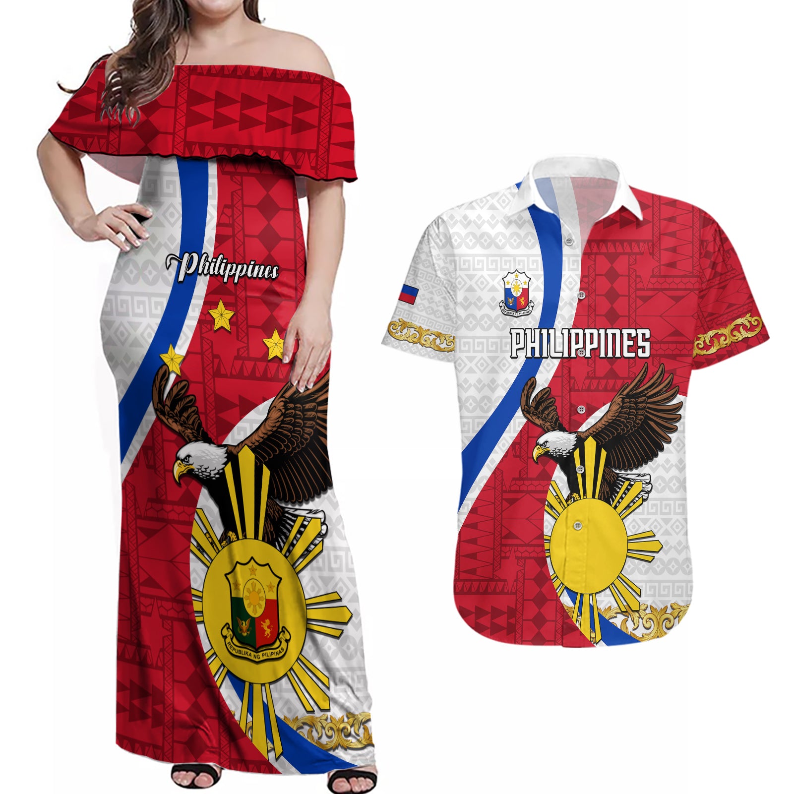 personalized-philippines-couples-matching-off-shoulder-maxi-dress-and-hawaiian-shirt-the-eight-rayed-sun-bald-eagle-polynesian-pattern