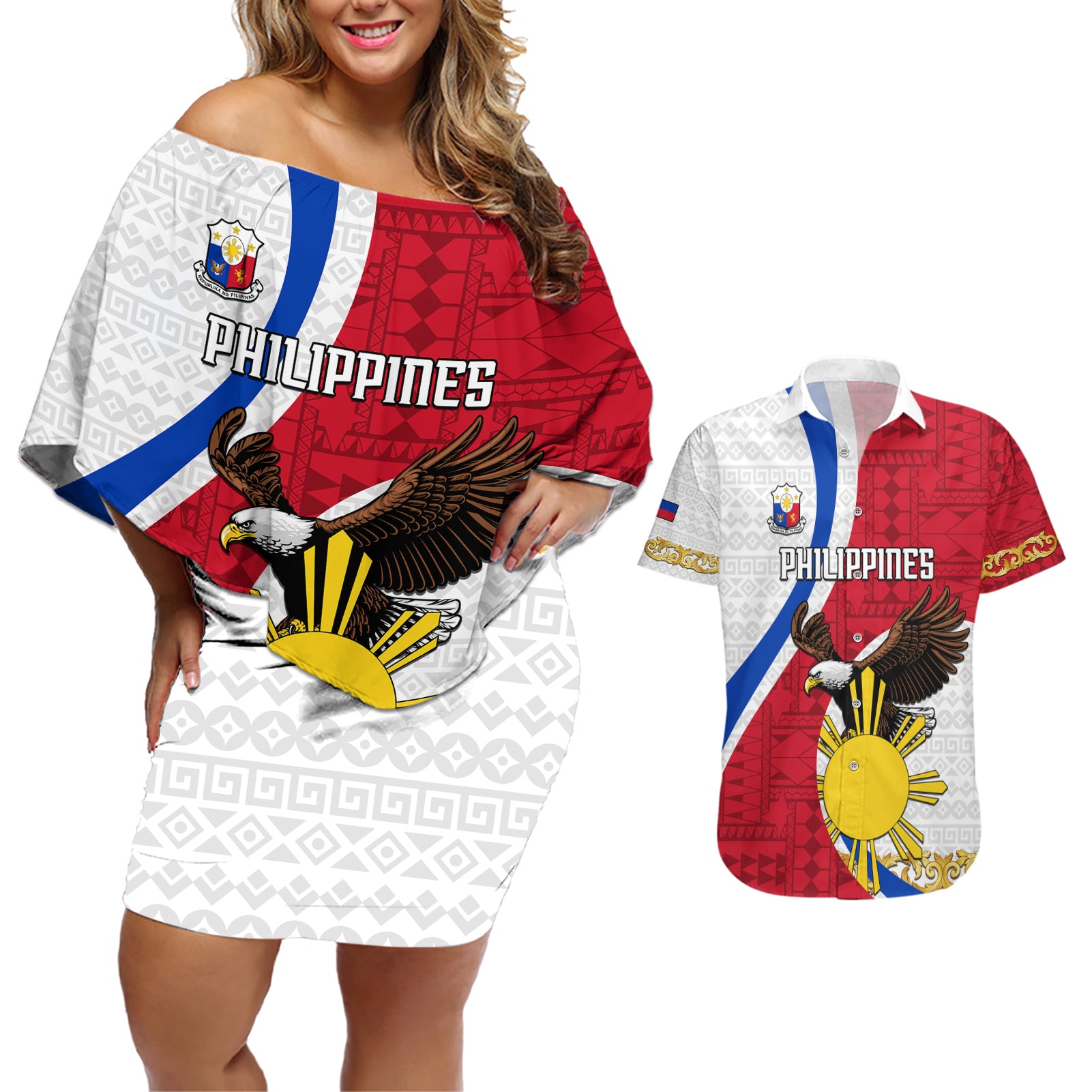 personalized-philippines-couples-matching-off-shoulder-short-dress-and-hawaiian-shirt-the-eight-rayed-sun-bald-eagle-polynesian-pattern