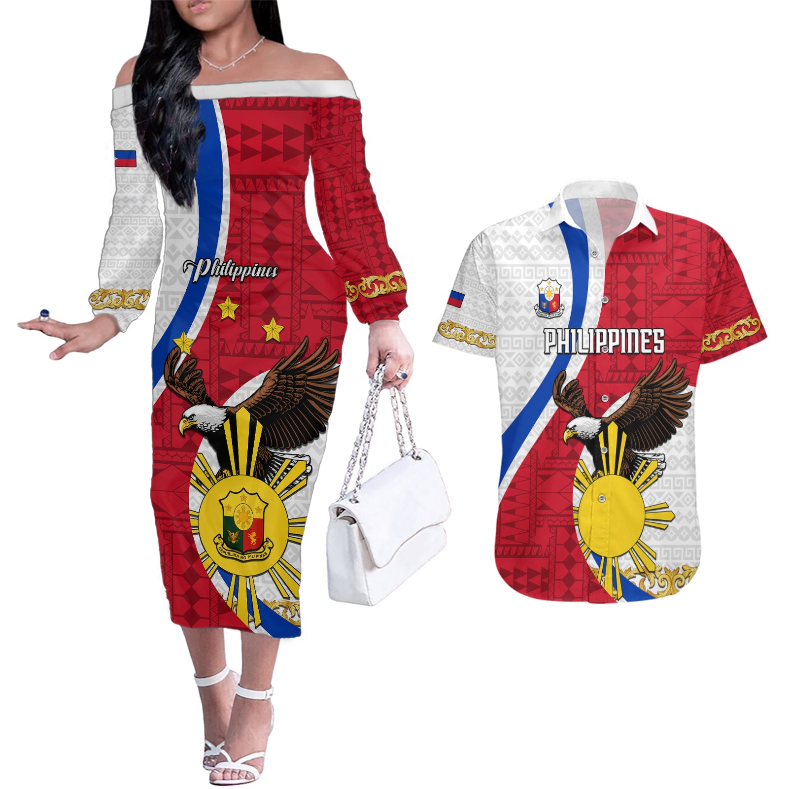 personalized-philippines-couples-matching-off-the-shoulder-long-sleeve-dress-and-hawaiian-shirt-the-eight-rayed-sun-bald-eagle-polynesian-pattern