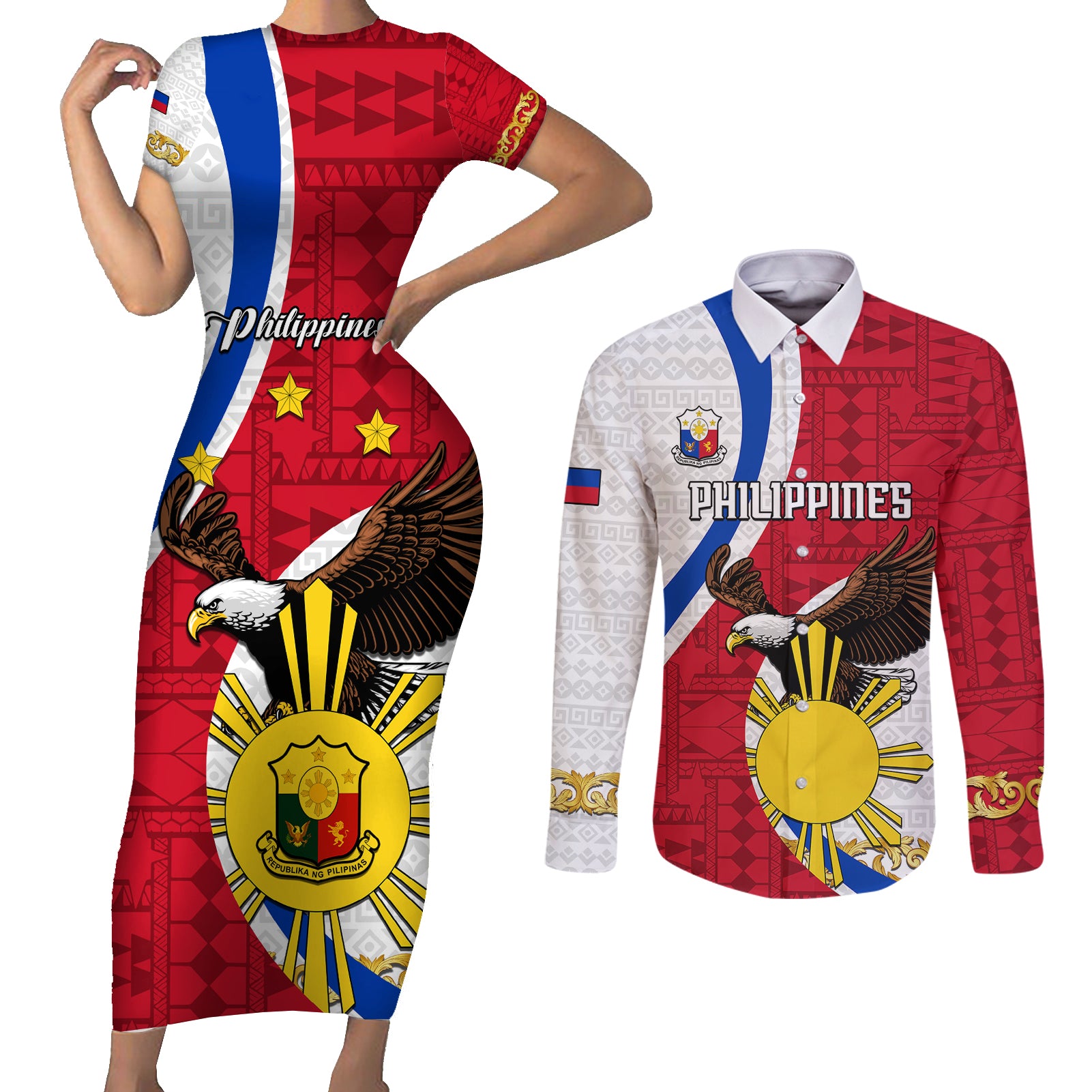 personalized-philippines-couples-matching-short-sleeve-bodycon-dress-and-long-sleeve-button-shirts-the-eight-rayed-sun-bald-eagle-polynesian-pattern