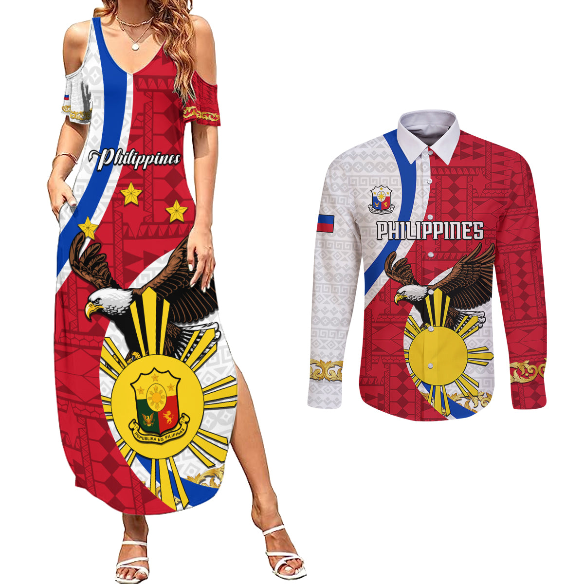 personalized-philippines-couples-matching-summer-maxi-dress-and-long-sleeve-button-shirts-the-eight-rayed-sun-bald-eagle-polynesian-pattern