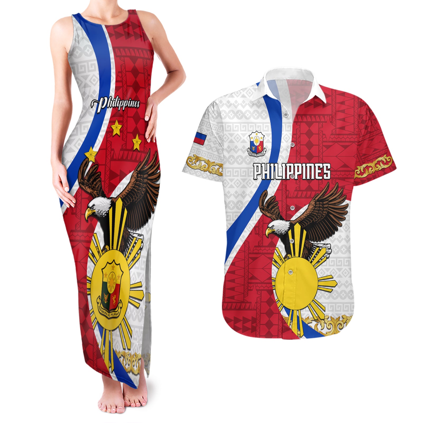 personalized-philippines-couples-matching-tank-maxi-dress-and-hawaiian-shirt-the-eight-rayed-sun-bald-eagle-polynesian-pattern