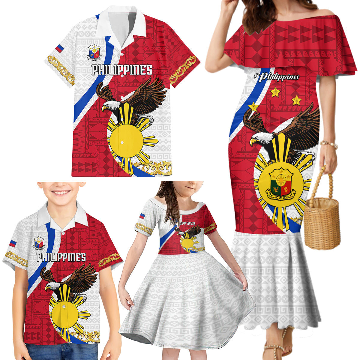 Personalized Philippines Family Matching Mermaid Dress and Hawaiian Shirt The Eight-Rayed Sun Bald Eagle Polynesian Pattern LT05 - Polynesian Pride