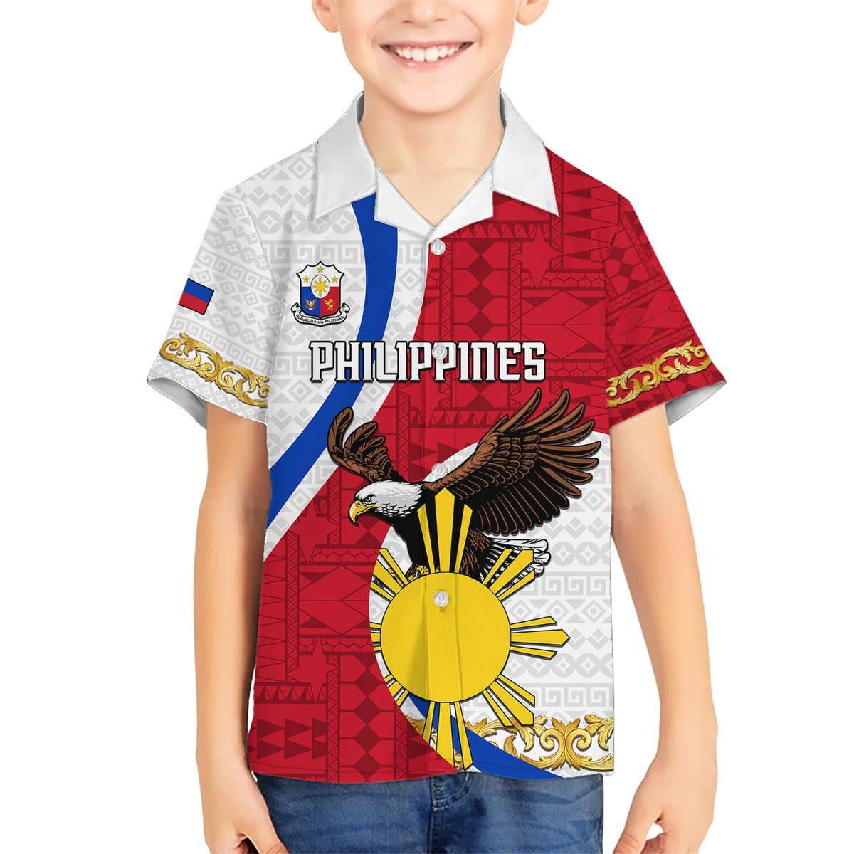 Personalized Philippines Kid Hawaiian Shirt The Eight-Rayed Sun Bald Eagle Polynesian Pattern LT05 Kid Red - Polynesian Pride