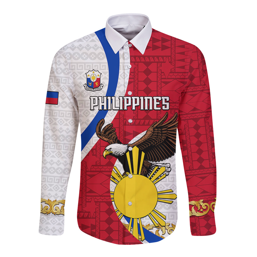 Personalized Philippines Long Sleeve Button Shirt The Eight-Rayed Sun Bald Eagle Polynesian Pattern LT05 Unisex Red - Polynesian Pride