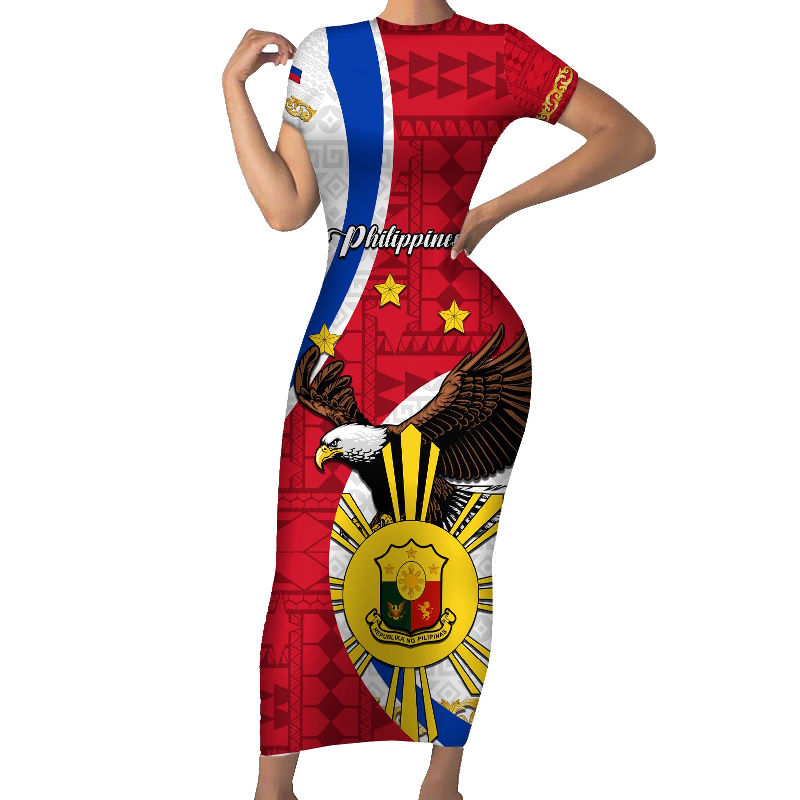 personalized-philippines-short-sleeve-bodycon-dress-the-eight-rayed-sun-bald-eagle-polynesian-pattern