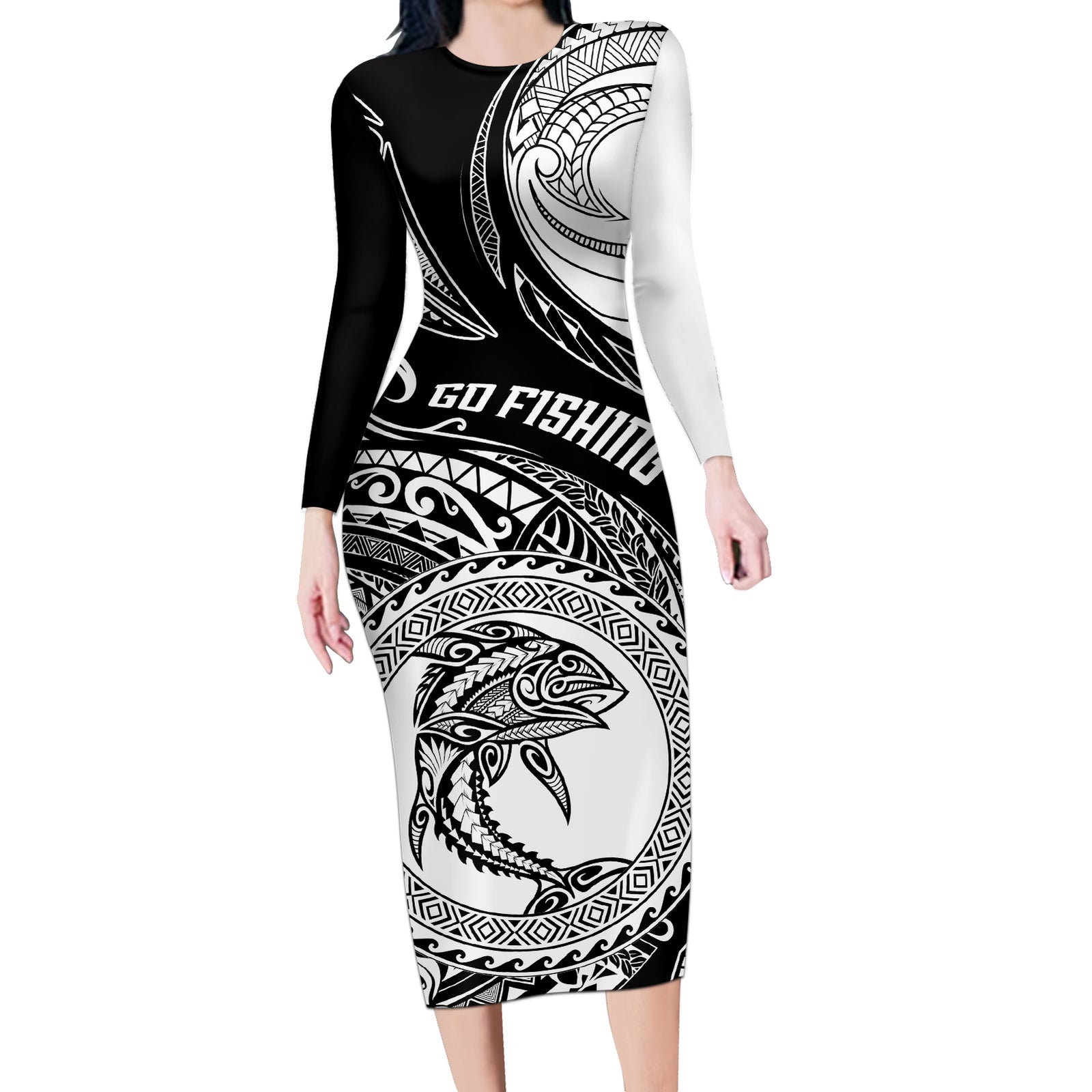 Personalized Go Fishing Long Sleeve Bodycon Dress Polynesian Pattern LT05 Long Dress Black - Polynesian Pride
