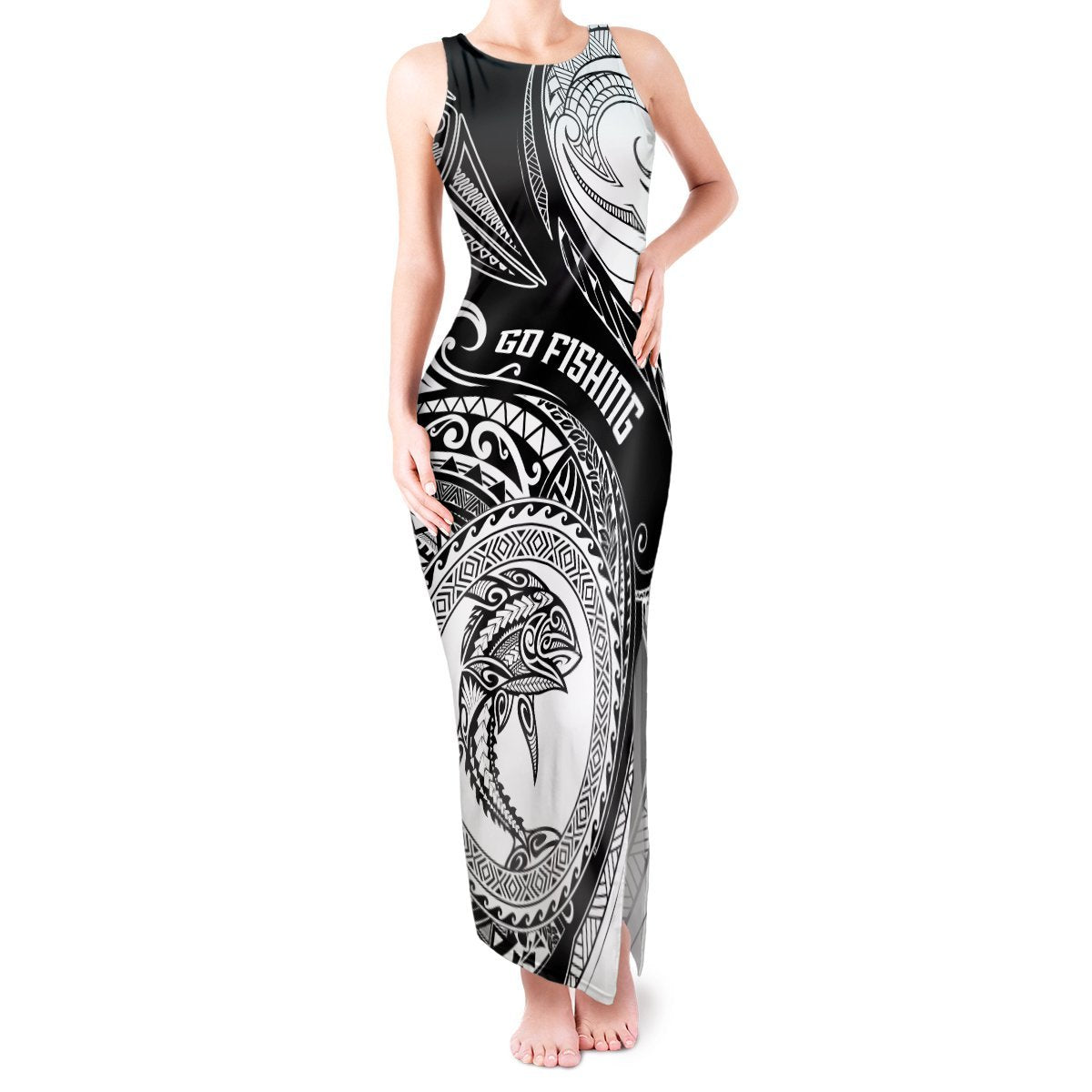 Personalized Go Fishing Tank Maxi Dress Polynesian Pattern LT05 Women Black - Polynesian Pride