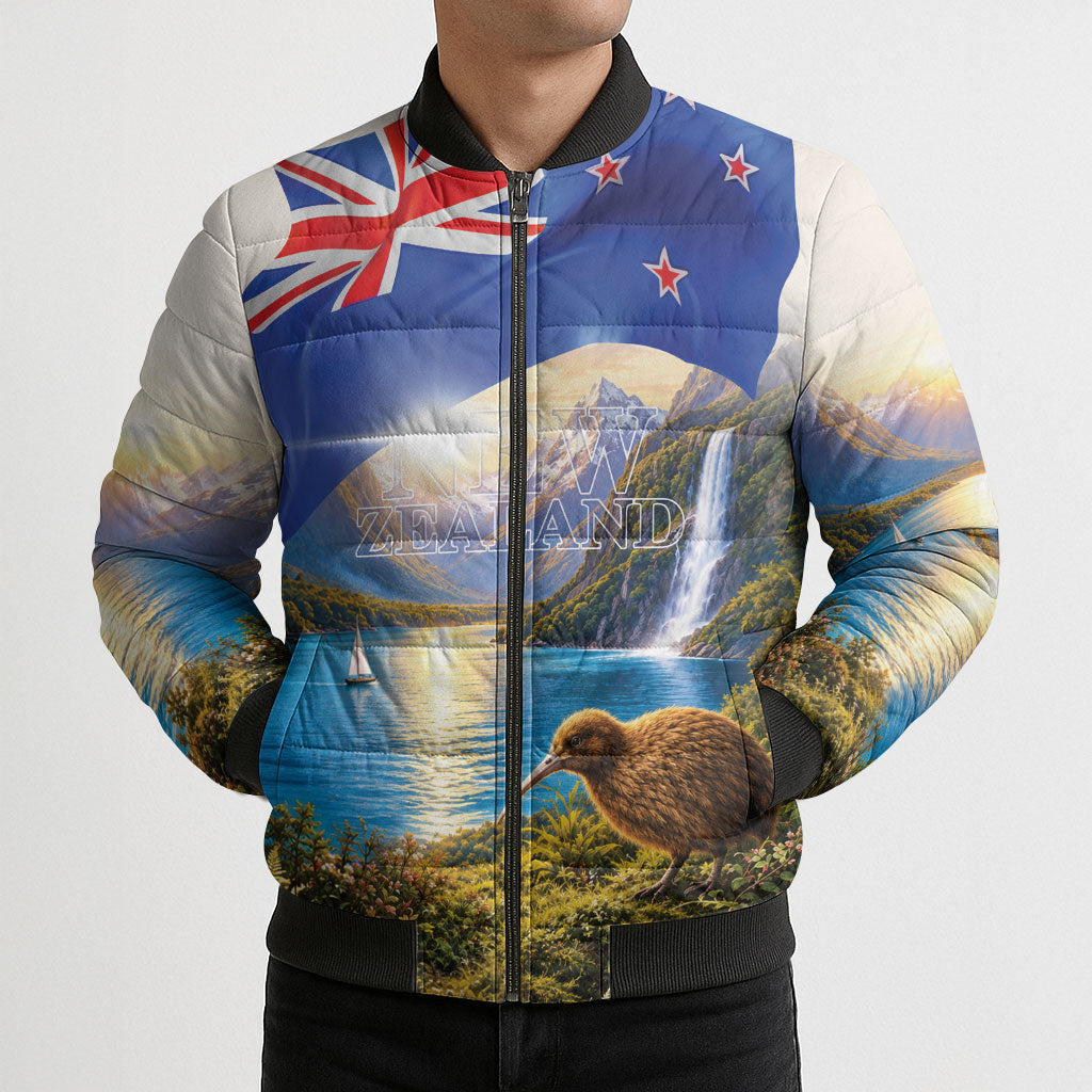 New Zealand Flag Bomber Puffer Jacket Scenic Nature