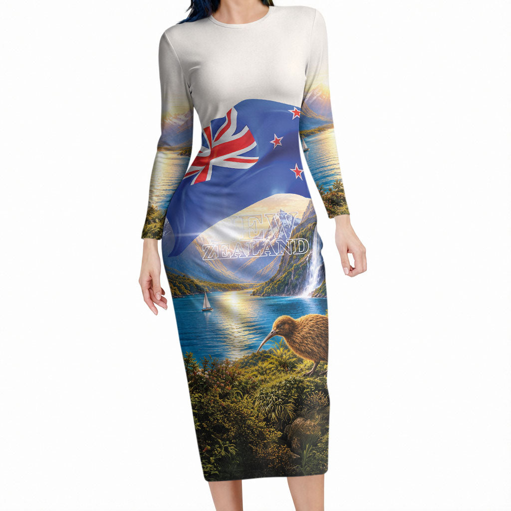 New Zealand Flag Long Sleeve Bodycon Dress Scenic Nature LT05 Long Dress Multicolor - Polynesian Pride