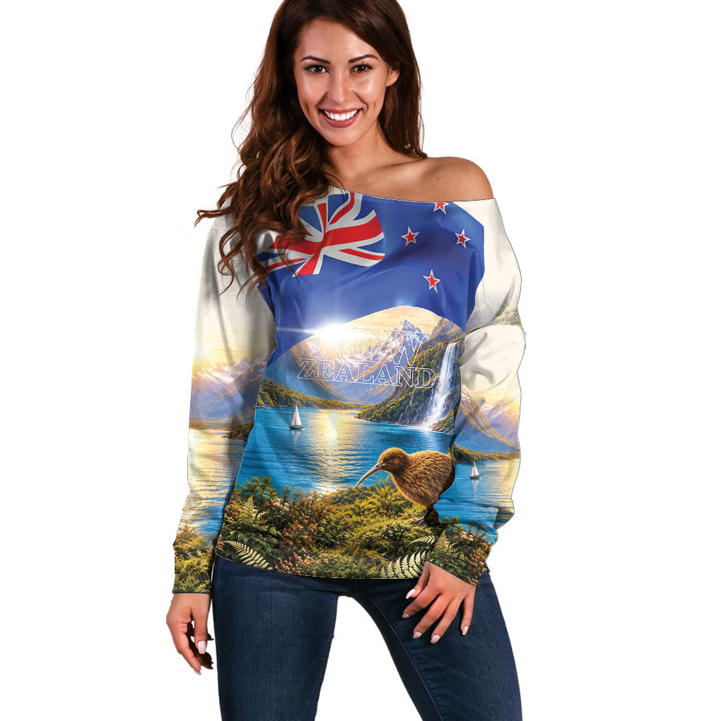 New Zealand Flag Off Shoulder Sweater Scenic Nature