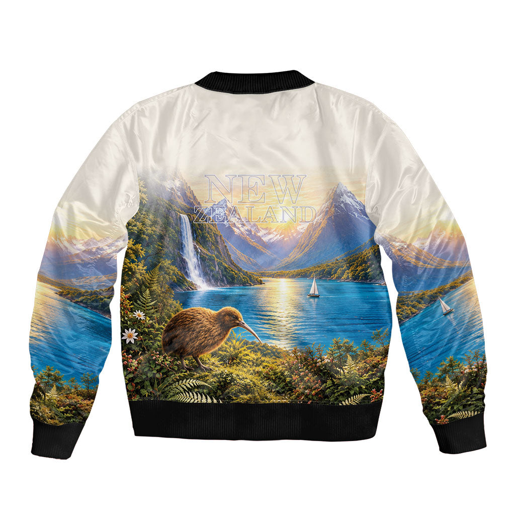 New Zealand Flag Sleeve Zip Bomber Jacket Scenic Nature