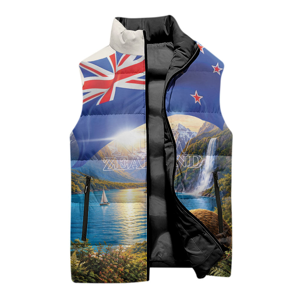 New Zealand Flag Sleeveless Puffer Jacket Scenic Nature