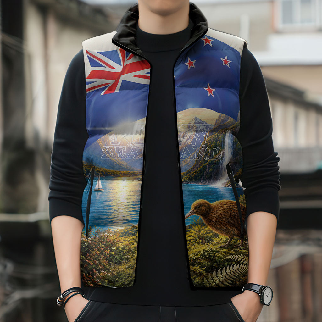 New Zealand Flag Sleeveless Puffer Jacket Scenic Nature