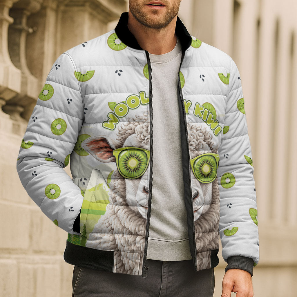 New Zealand Funny Woolly Kiwi Sheep Bomber Puffer Jacket