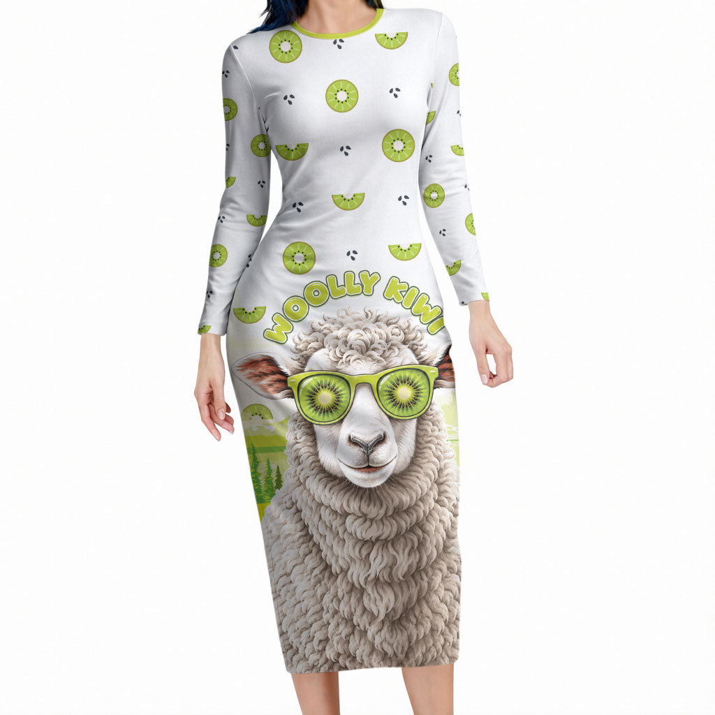 New Zealand Funny Woolly Kiwi Sheep Long Sleeve Bodycon Dress LT05 Long Dress White - Polynesian Pride