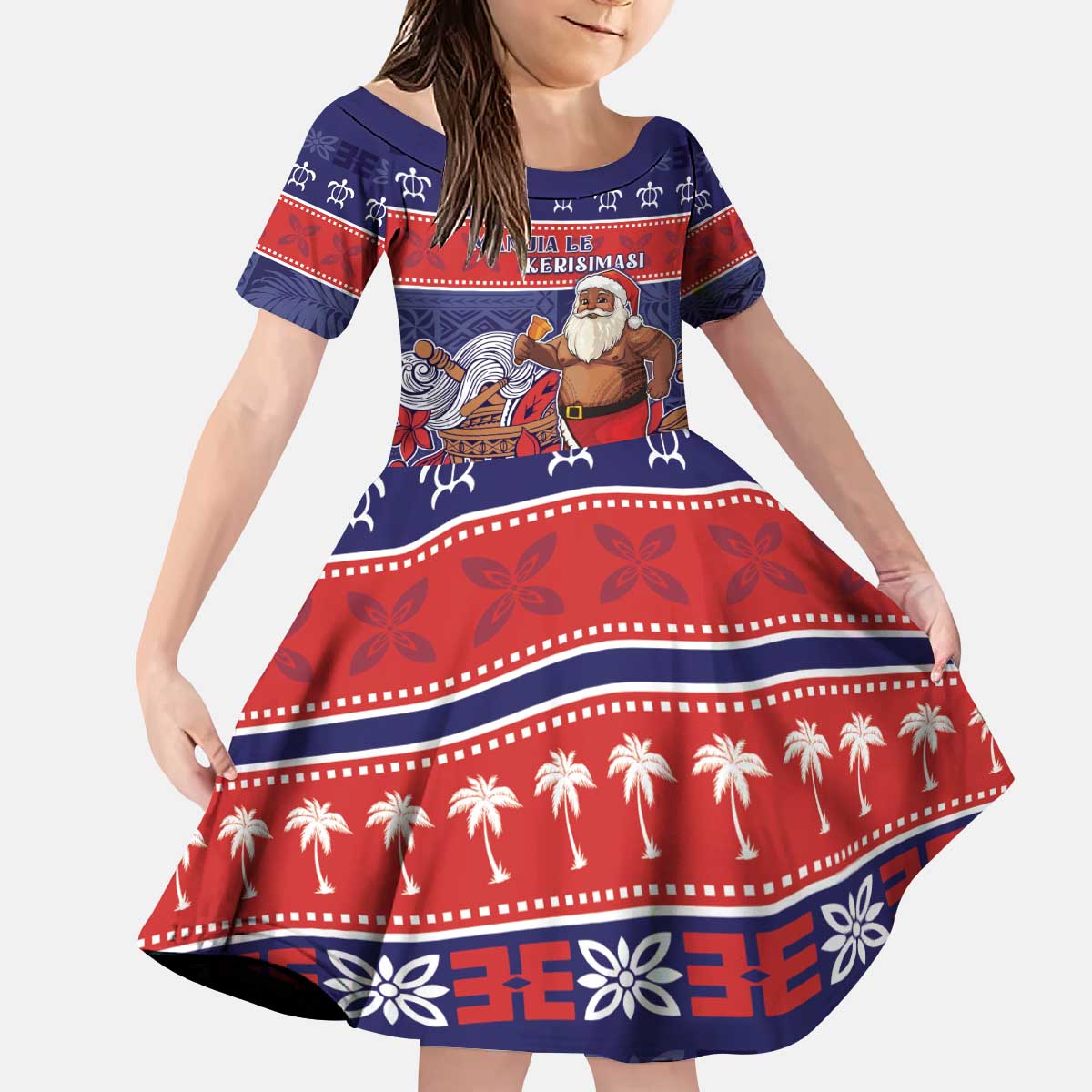 Samoa Christmas Kid Short Sleeve Dress Samoan Santa Claus Manuia Le Kerisimasi LT05 KID Blue - Polynesian Pride