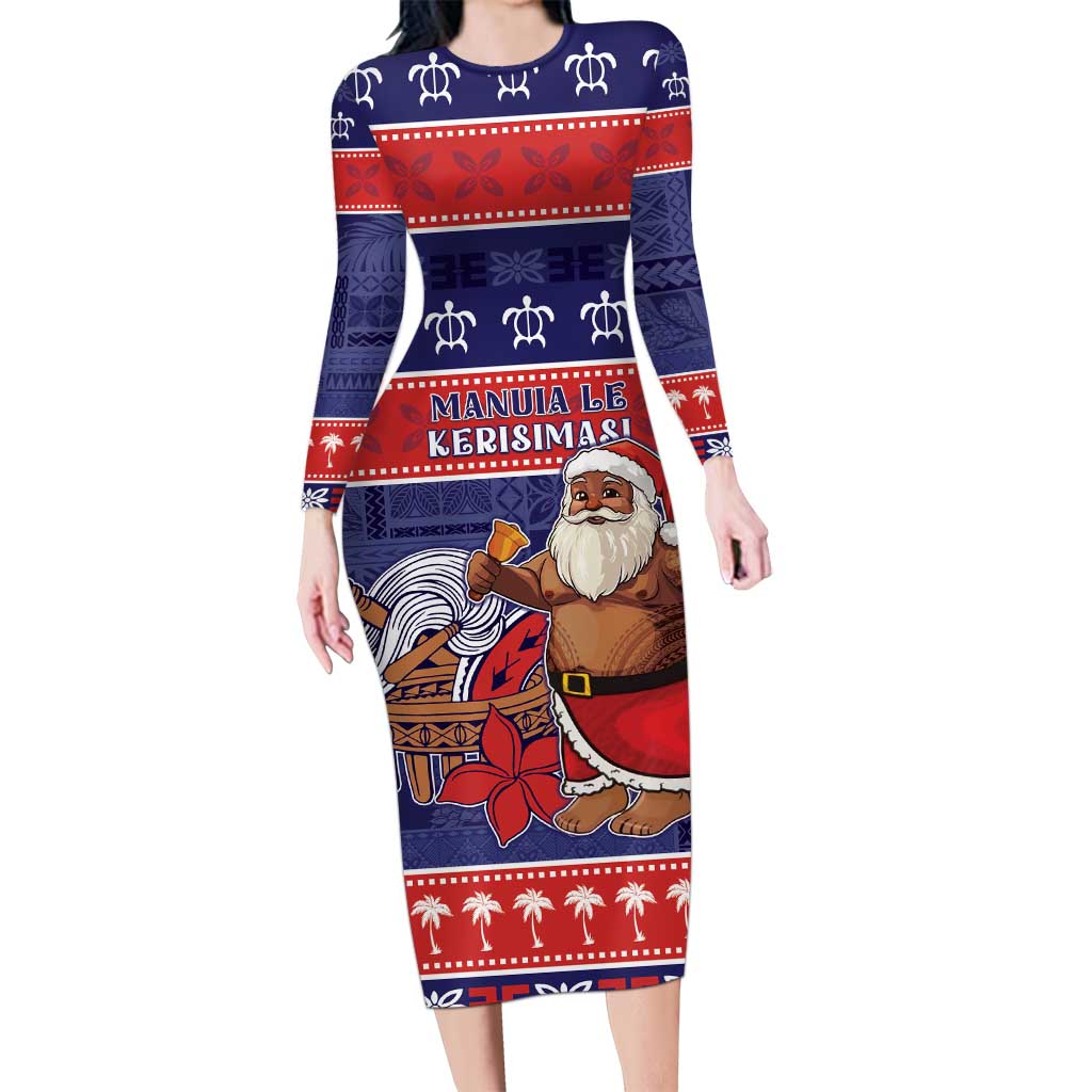 Samoa Christmas Long Sleeve Bodycon Dress Samoan Santa Claus Manuia Le Kerisimasi LT05 Long Dress Blue - Polynesian Pride