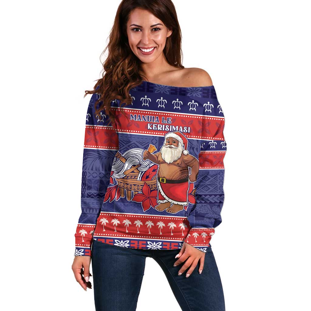 Samoa Christmas Off Shoulder Sweater Samoan Santa Claus Manuia Le Kerisimasi LT05 Women Blue - Polynesian Pride