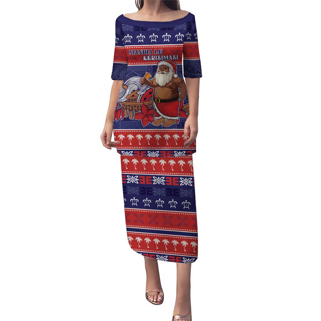 Samoa Christmas Puletasi Samoan Santa Claus Manuia Le Kerisimasi LT05 Long Dress Blue - Polynesian Pride