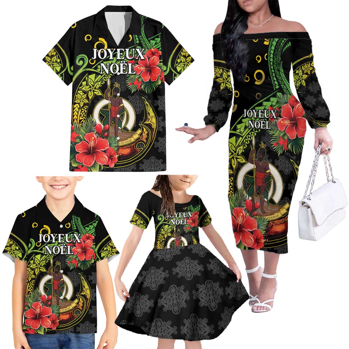 Love Vanuatu Christmas Family Matching Off The Shoulder Long Sleeve Dress and Hawaiian Shirt God Yumi Polynesian Tribal Pattern