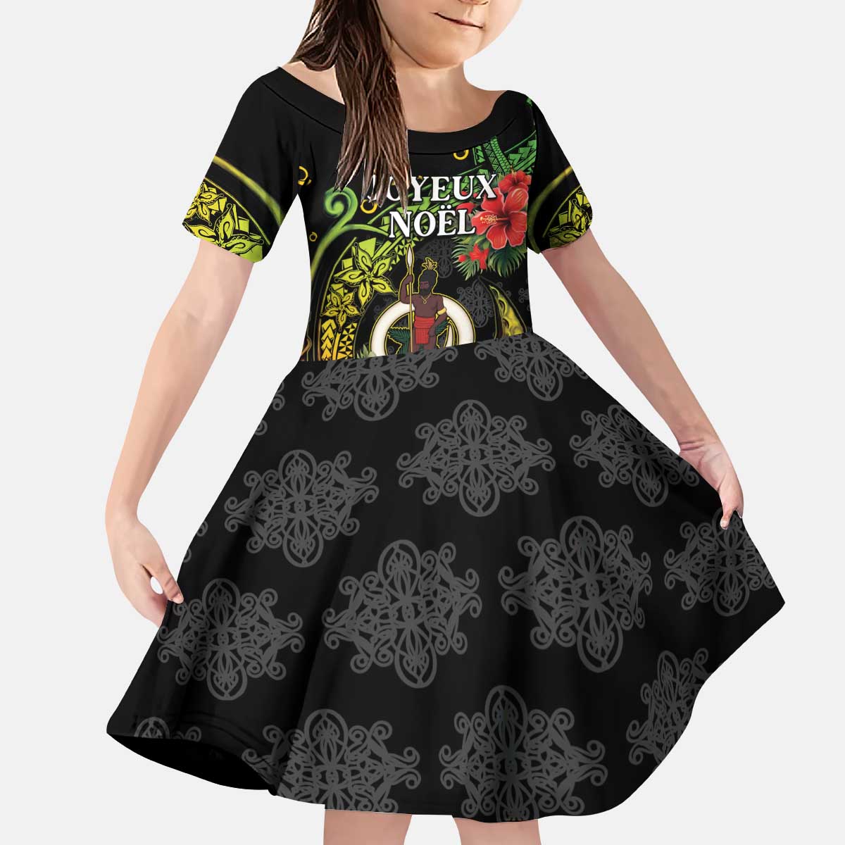 Love Vanuatu Christmas Kid Short Sleeve Dress God Yumi Polynesian Tribal Pattern LT05 KID Black - Polynesian Pride