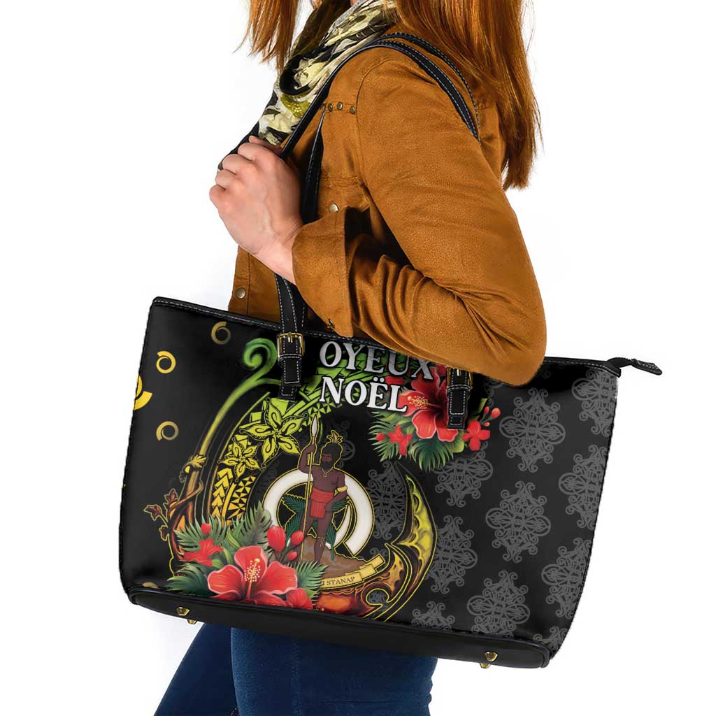 Love Vanuatu Christmas Leather Tote Bag God Yumi Polynesian Tribal Pattern LT05 Black - Polynesian Pride