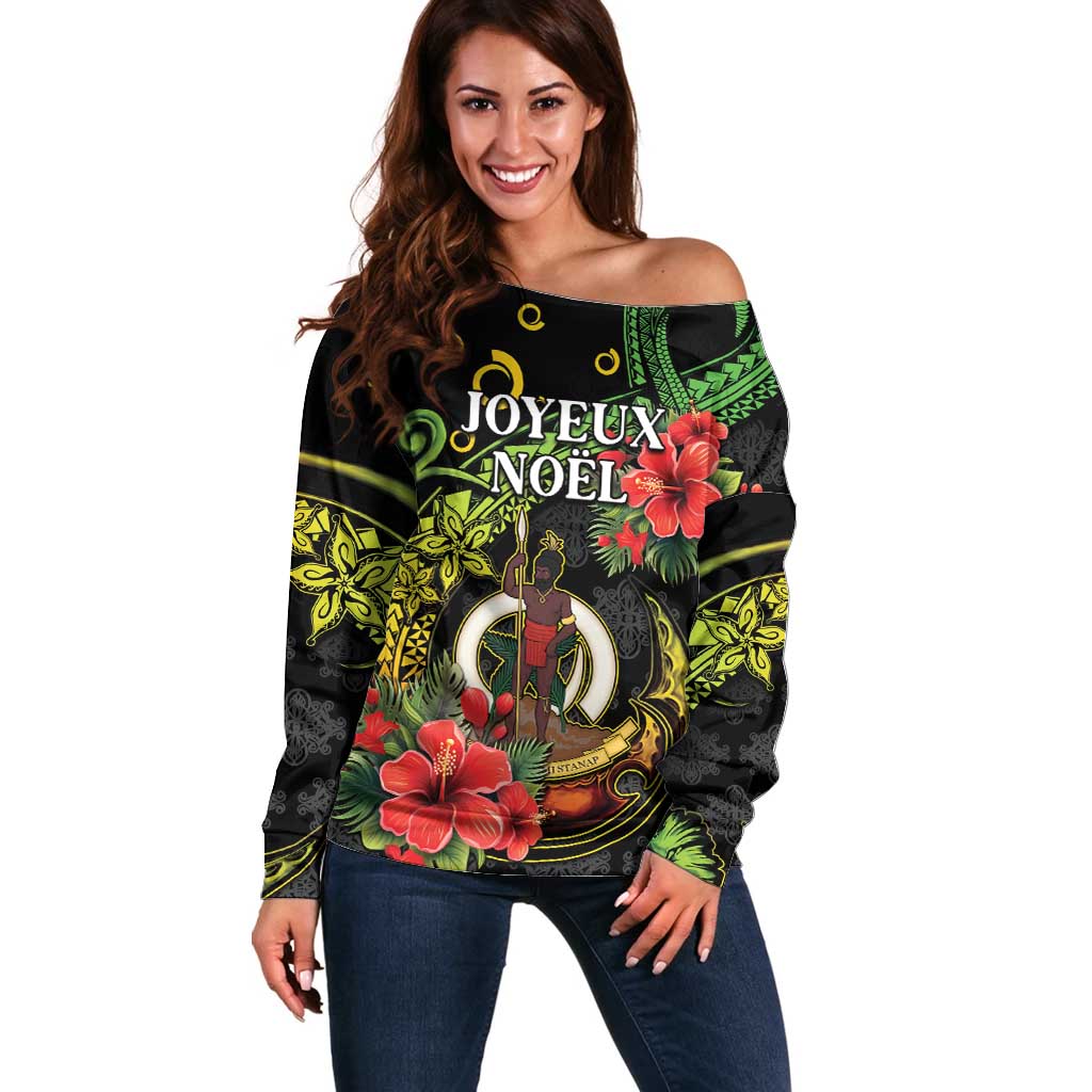 Love Vanuatu Christmas Off Shoulder Sweater God Yumi Polynesian Tribal Pattern LT05 Women Black - Polynesian Pride