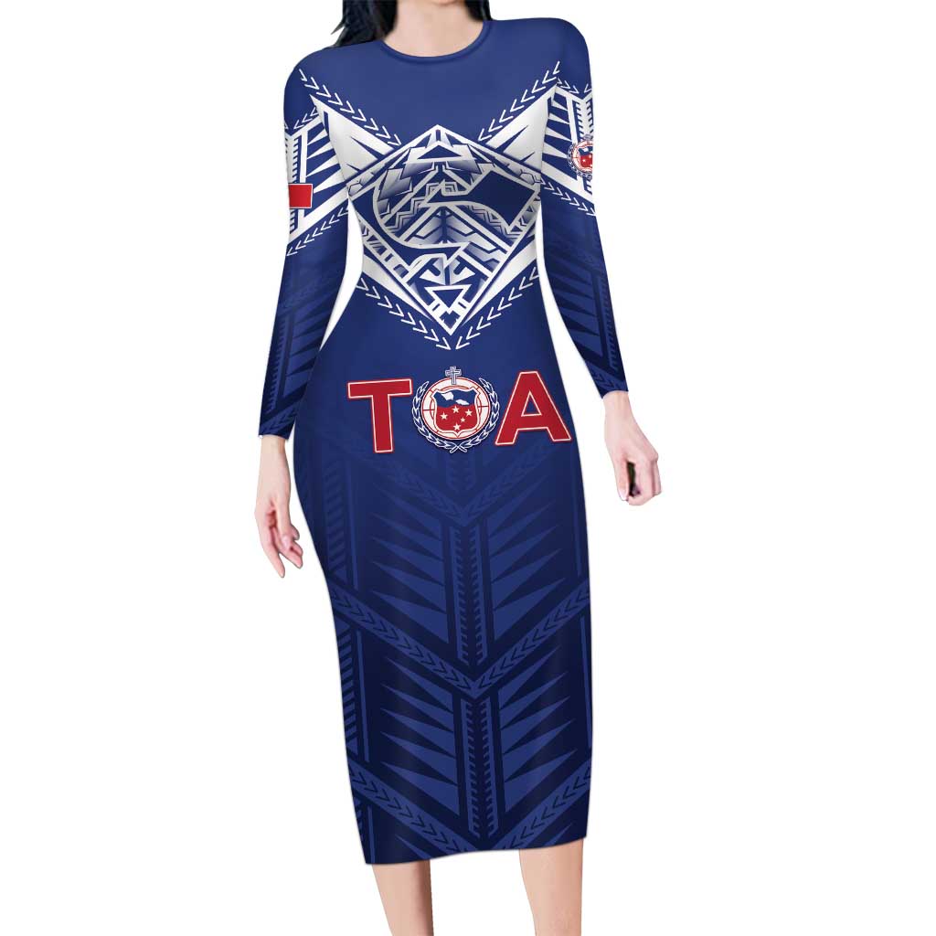 Super Toa Samoa Rugby Custom Long Sleeve Bodycon Dress Warrior Spirit LT05 Long Dress Blue - Polynesian Pride